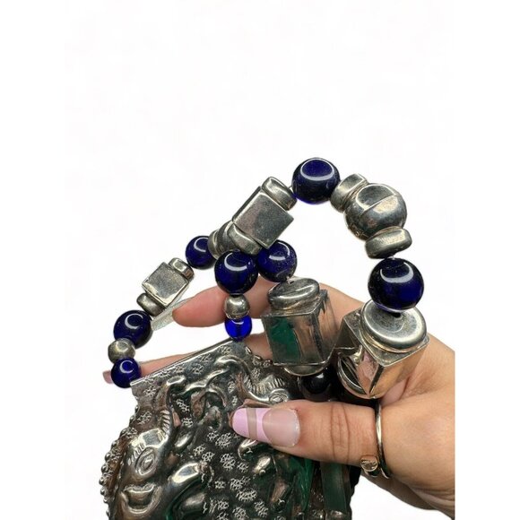 Vintage Tribal Silver Tone Statement Necklace Elephant Pendant Blue Beads 28in - Picture 12 of 12